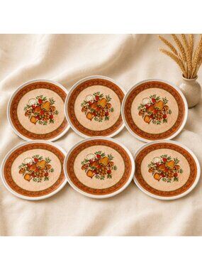 Vintage Retro Melmac Melamine Harvest Dinner Plates Set 6 Autumn Mushroom 9 Inch